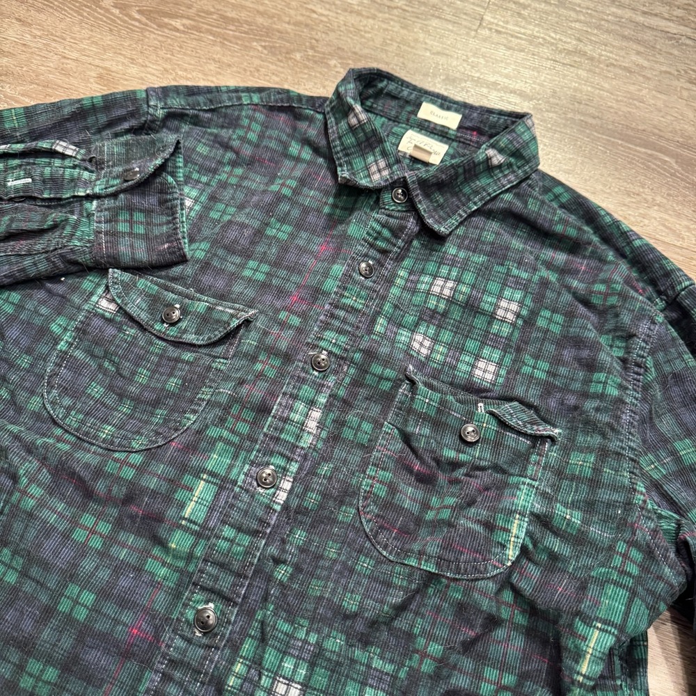J Crew Shirt Mens Large Green Plaid Cotton Corduroy Heritage‎ Classic Button Up